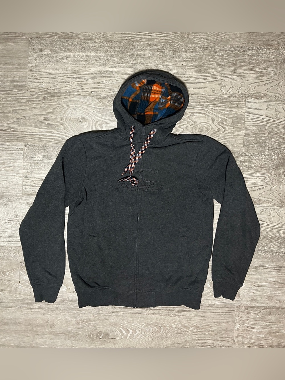 O’Neill Men's Charcoal Zip Hoodie with Plaid Hood Lining